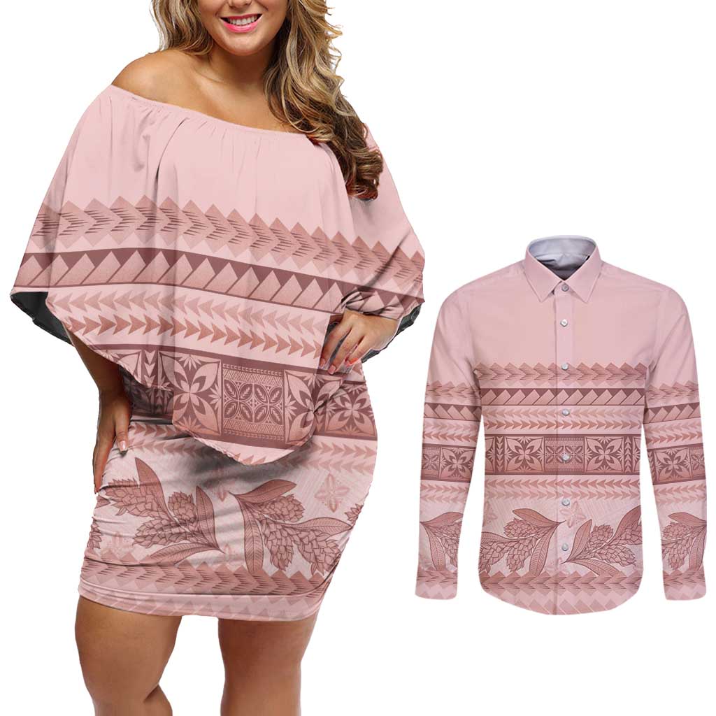 Pastel Pink Samoa Siapo Teuila Flowers Couples Matching Off Shoulder Short Dress and Long Sleeve Button Shirt LT14 Pastel Pink - Polynesian Pride