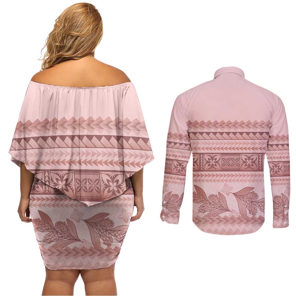 Pastel Pink Samoa Siapo Teuila Flowers Couples Matching Off Shoulder Short Dress and Long Sleeve Button Shirt LT14 - Polynesian Pride