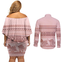 Pastel Pink Samoa Siapo Teuila Flowers Couples Matching Off Shoulder Short Dress and Long Sleeve Button Shirt LT14 - Polynesian Pride