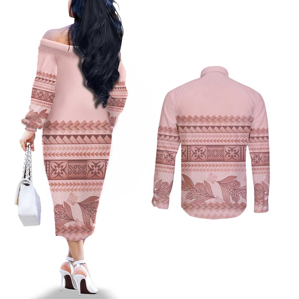 Pastel Pink Samoa Siapo Teuila Flowers Couples Matching Off The Shoulder Long Sleeve Dress and Long Sleeve Button Shirt LT14 - Polynesian Pride