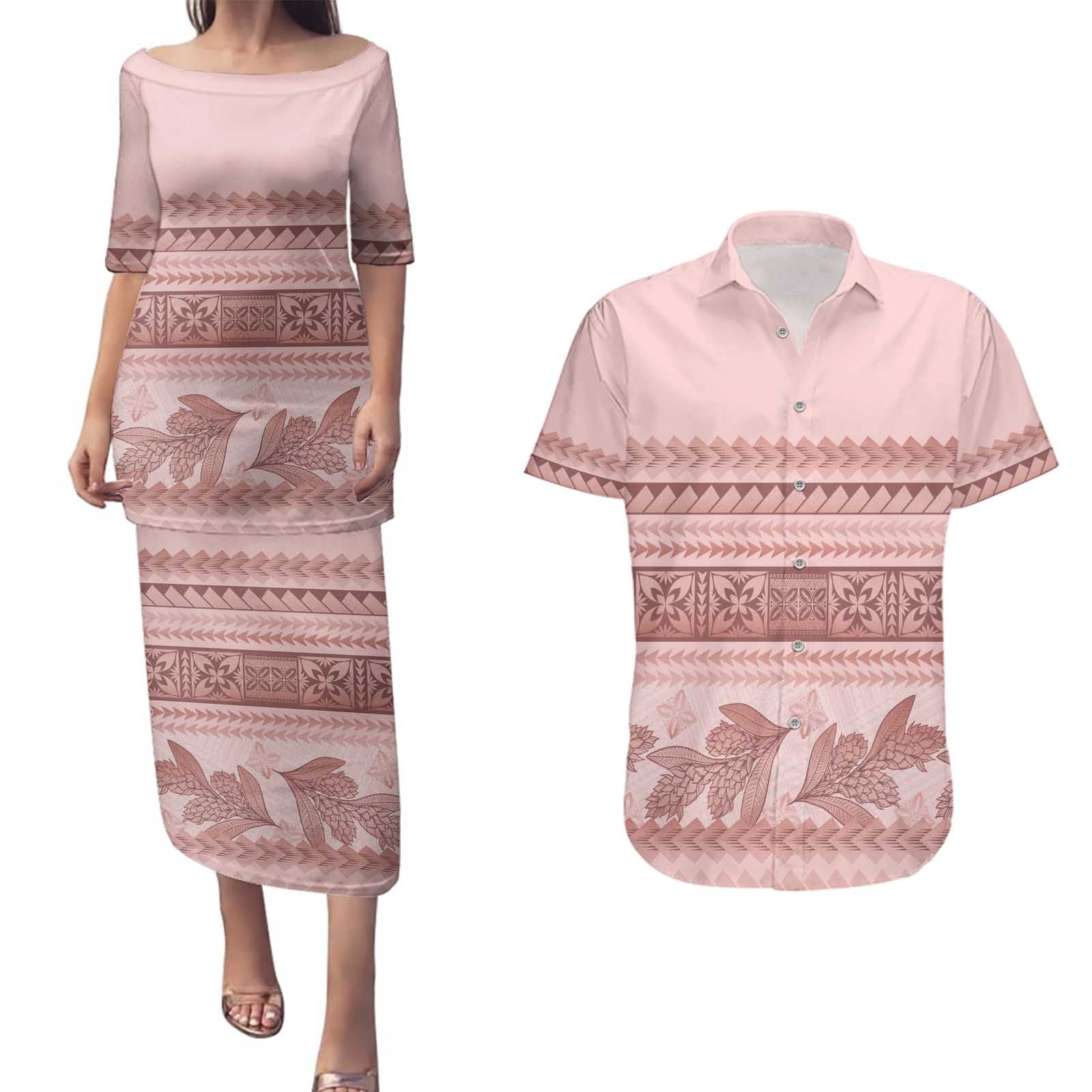 Pastel Pink Samoa Siapo Teuila Flowers Couples Matching Puletasi and Hawaiian Shirt - Polynesian Pride