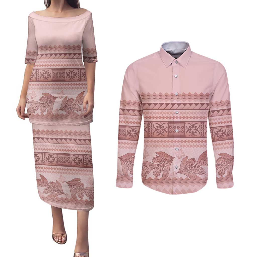 Pastel Pink Samoa Siapo Teuila Flowers Couples Matching Puletasi and Long Sleeve Button Shirt LT14 Pastel Pink - Polynesian Pride