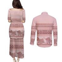 Pastel Pink Samoa Siapo Teuila Flowers Couples Matching Puletasi and Long Sleeve Button Shirt LT14 - Polynesian Pride