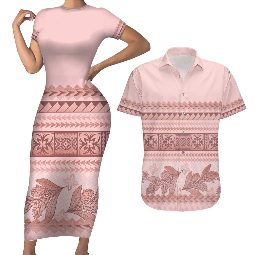 Pastel Pink Samoa Siapo Teuila Flowers Couples Matching Short Sleeve Bodycon Dress and Hawaiian Shirt LT14 Pastel Pink - Polynesian Pride