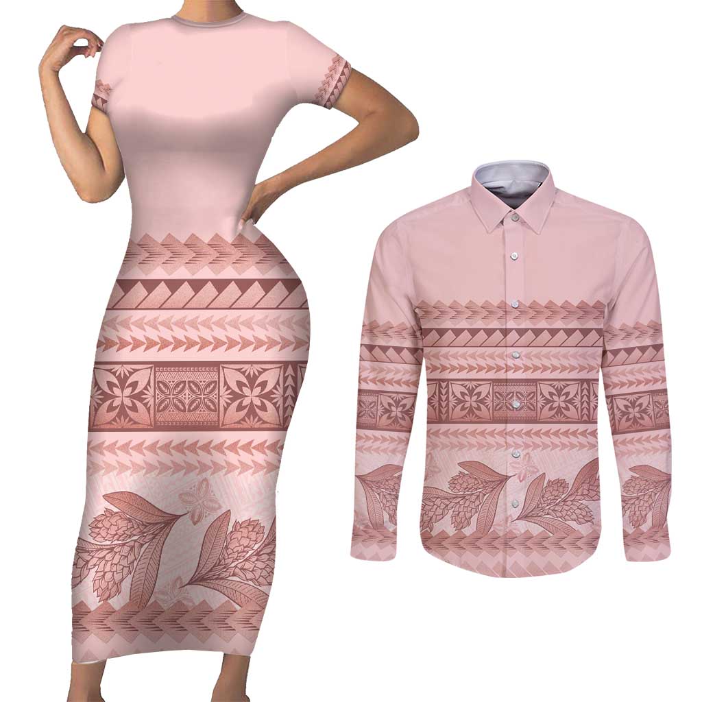 Pastel Pink Samoa Siapo Teuila Flowers Couples Matching Short Sleeve Bodycon Dress and Long Sleeve Button Shirt LT14 Pastel Pink - Polynesian Pride