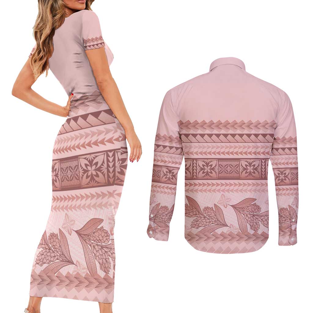 Pastel Pink Samoa Siapo Teuila Flowers Couples Matching Short Sleeve Bodycon Dress and Long Sleeve Button Shirt LT14 - Polynesian Pride