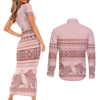Pastel Pink Samoa Siapo Teuila Flowers Couples Matching Short Sleeve Bodycon Dress and Long Sleeve Button Shirt LT14 - Polynesian Pride
