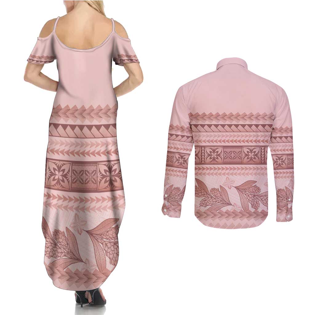 Pastel Pink Samoa Siapo Teuila Flowers Couples Matching Summer Maxi Dress and Long Sleeve Button Shirt LT14 - Polynesian Pride