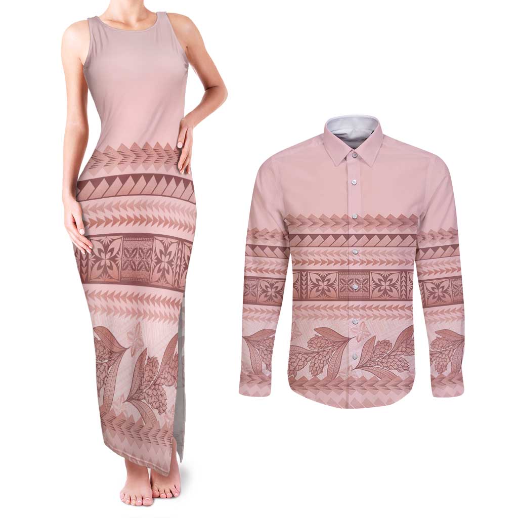 Pastel Pink Samoa Siapo Teuila Flowers Couples Matching Tank Maxi Dress and Long Sleeve Button Shirt LT14 Pastel Pink - Polynesian Pride