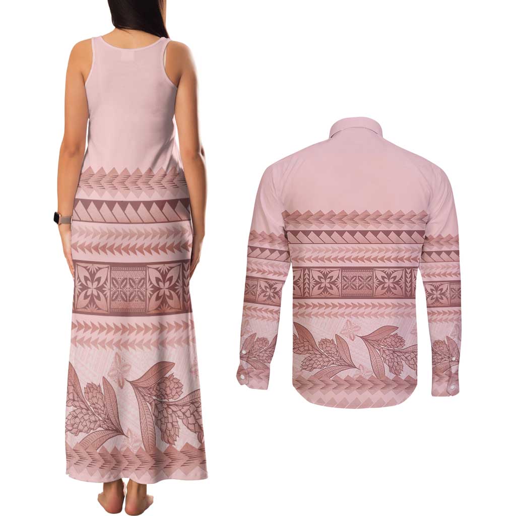 Pastel Pink Samoa Siapo Teuila Flowers Couples Matching Tank Maxi Dress and Long Sleeve Button Shirt LT14 - Polynesian Pride