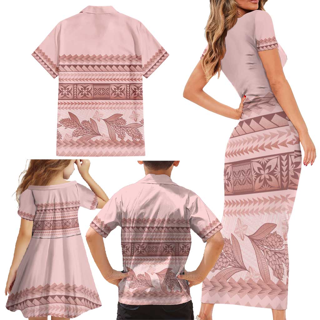 Pastel Pink Samoa Siapo Teuila Flowers Family Matching Short Sleeve Bodycon Dress and Hawaiian Shirt - Polynesian Pride