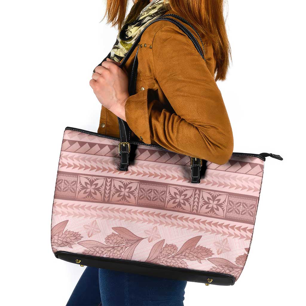 Pastel Pink Samoa Siapo Teuila Flowers Leather Tote Bag - Polynesian Pride