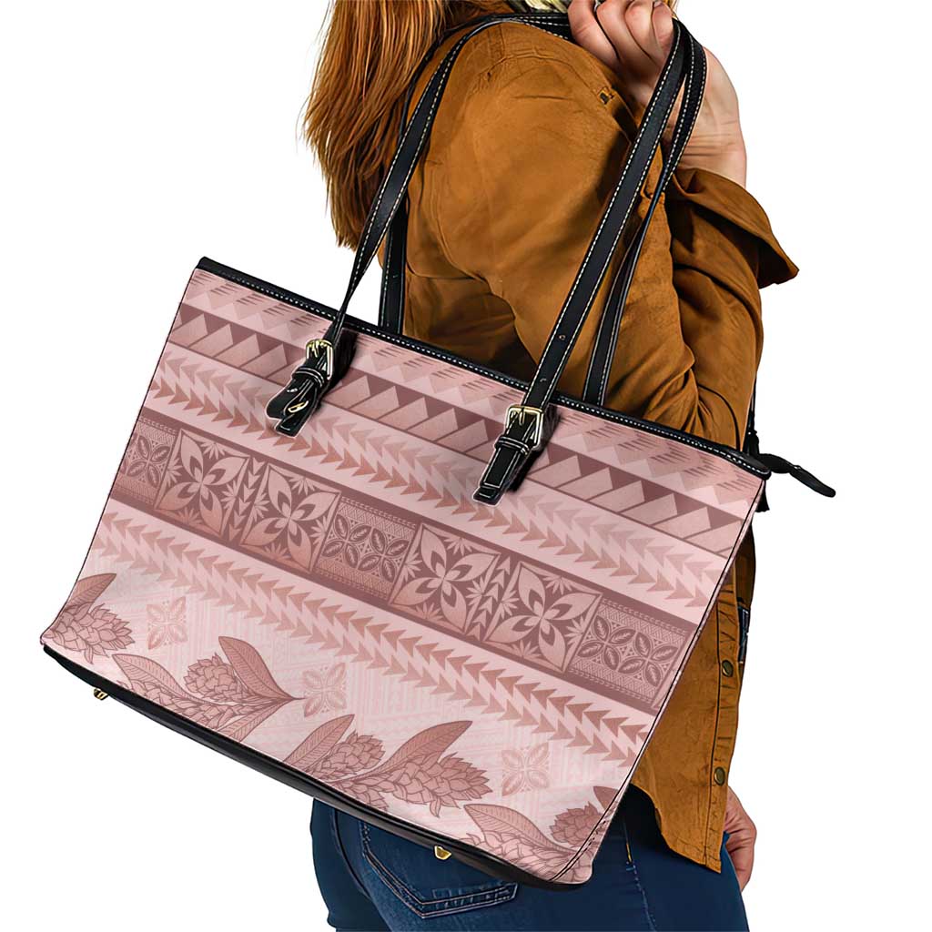 Pastel Pink Samoa Siapo Teuila Flowers Leather Tote Bag - Polynesian Pride