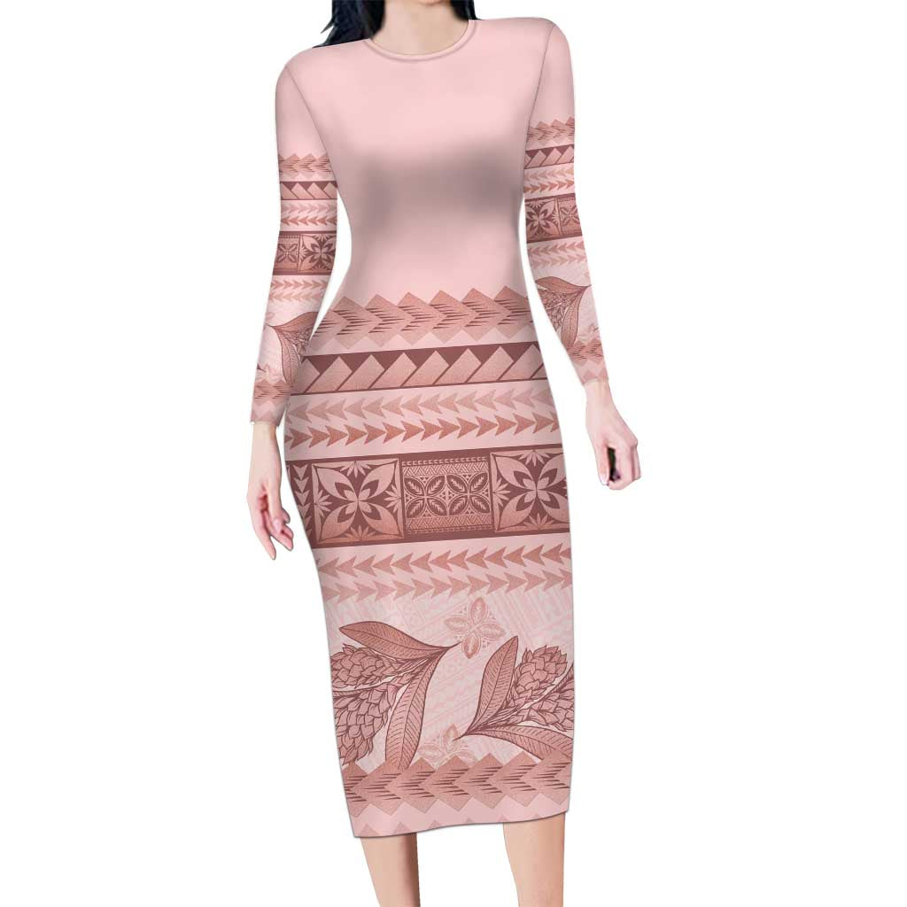 Pastel Pink Samoa Siapo Teuila Flowers Long Sleeve Bodycon Dress - Polynesian Pride