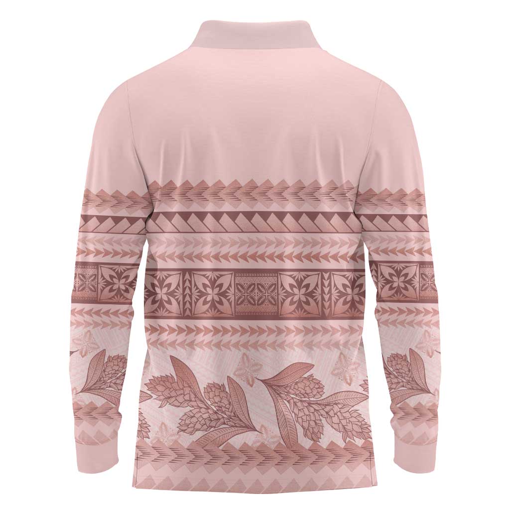 Pastel Pink Samoa Siapo Teuila Flowers Long Sleeve Polo Shirt LT14 - Polynesian Pride