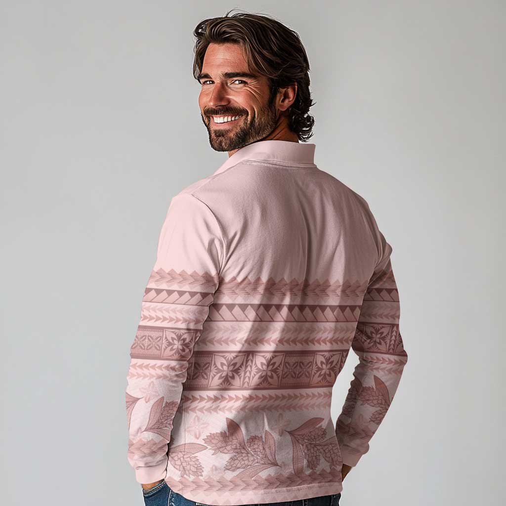 Pastel Pink Samoa Siapo Teuila Flowers Long Sleeve Polo Shirt LT14 - Polynesian Pride