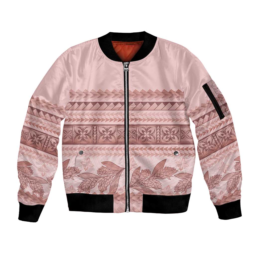 Pastel Pink Samoa Siapo Teuila Flowers Sleeve Zip Bomber Jacket - Polynesian Pride