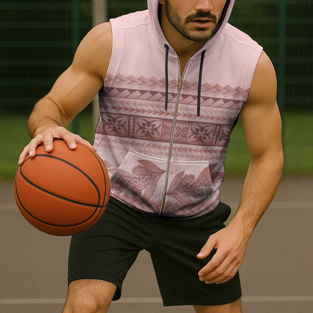 Pastel Pink Samoa Siapo Teuila Flowers Sleeveless Zip Hoodie - Polynesian Pride