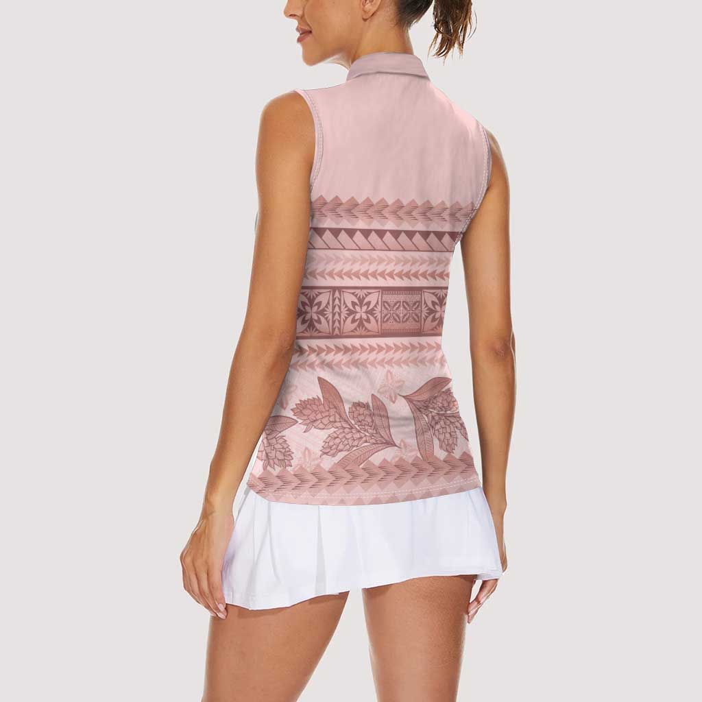 Pastel Pink Samoa Siapo Teuila Flowers Women Sleeveless Polo Shirt LT14 - Polynesian Pride