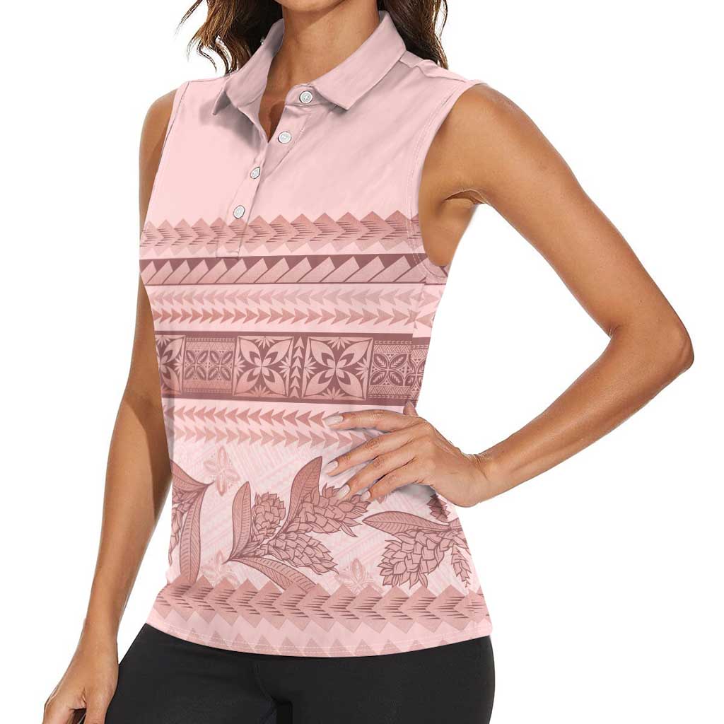 Pastel Pink Samoa Siapo Teuila Flowers Women Sleeveless Polo Shirt LT14 - Polynesian Pride