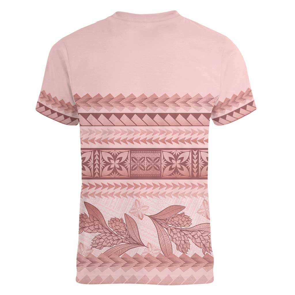 Pastel Pink Samoa Siapo Teuila Flowers Women V-Neck T-Shirt - Polynesian Pride