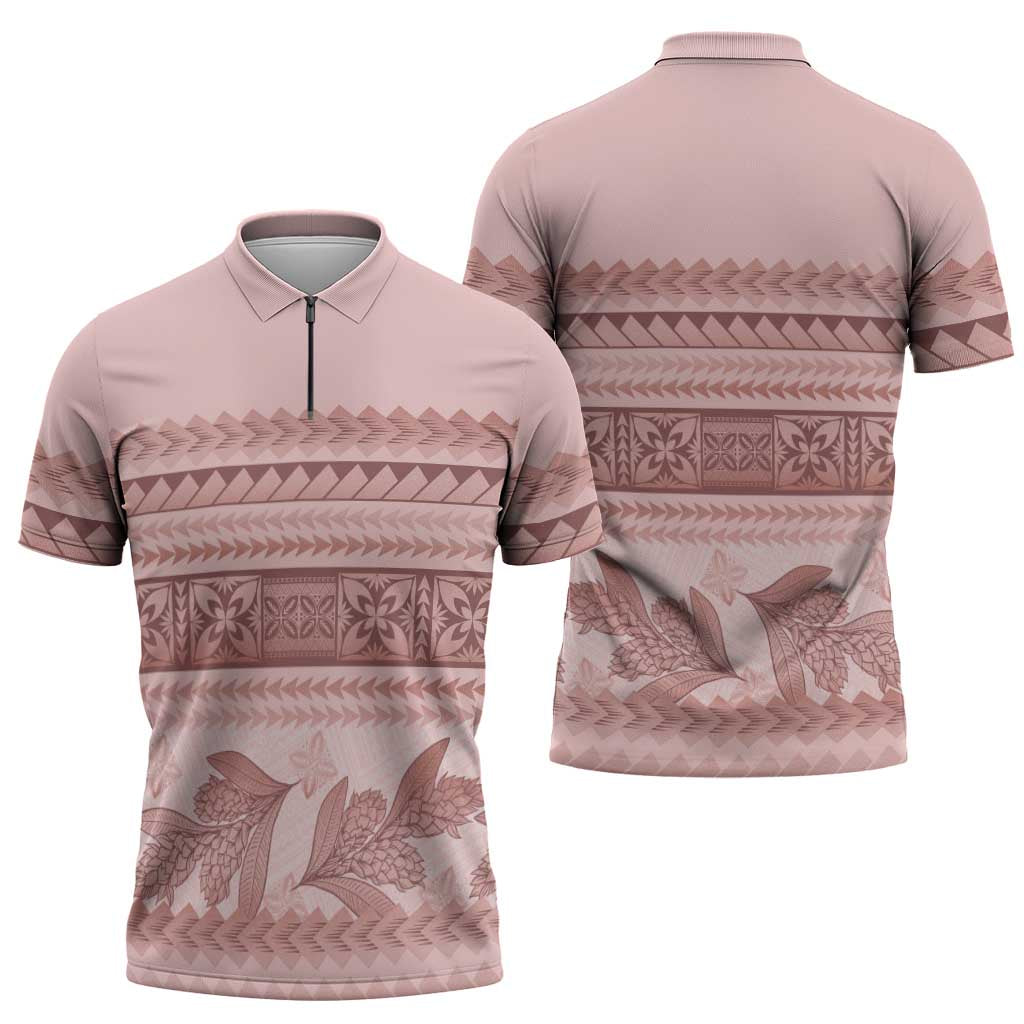 Pastel Pink Samoa Siapo Teuila Flowers Zipper Polo Shirt LT14 - Polynesian Pride