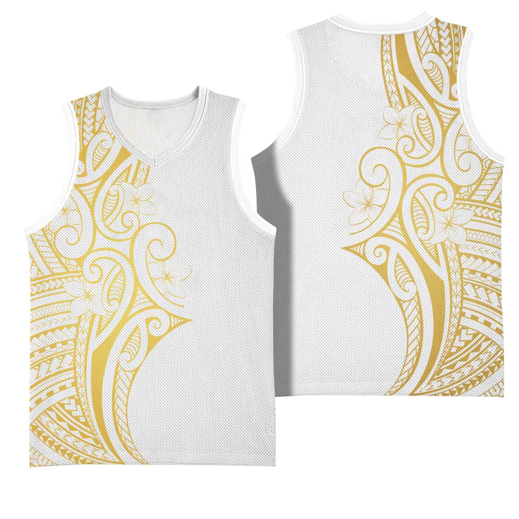Polynesia White Sunday Basketball Jersey Plumeria Polynesian Tribal Gold Color LT14 - Polynesian Pride