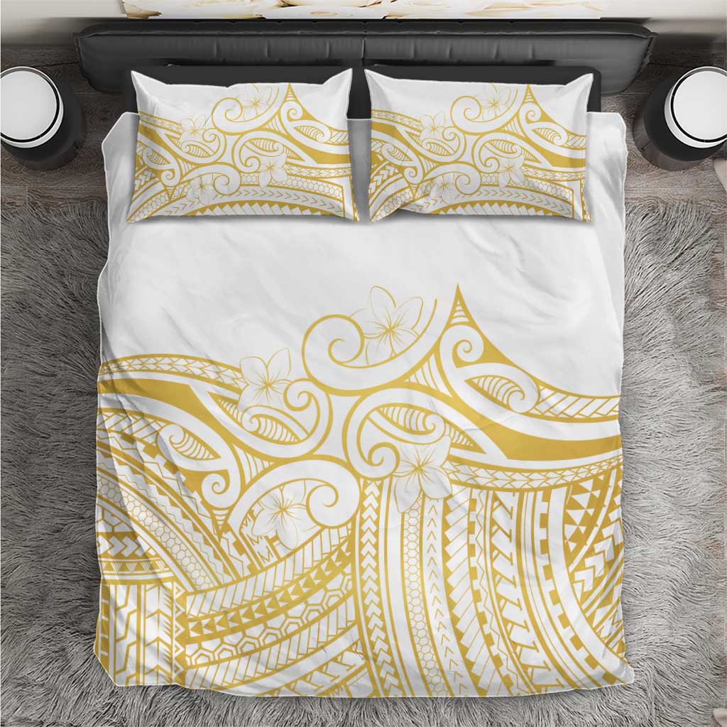 Polynesia White Sunday Bedding Set Plumeria Polynesian Tribal Gold Color - Polynesian Pride