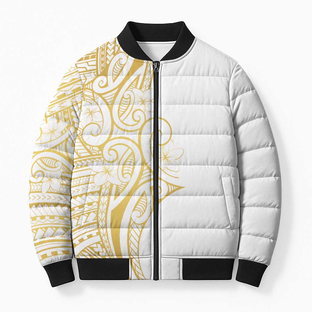 Polynesia White Sunday Bomber Puffer Jacket Plumeria Polynesian Tribal Gold Color LT14 Unisex White - Polynesian Pride