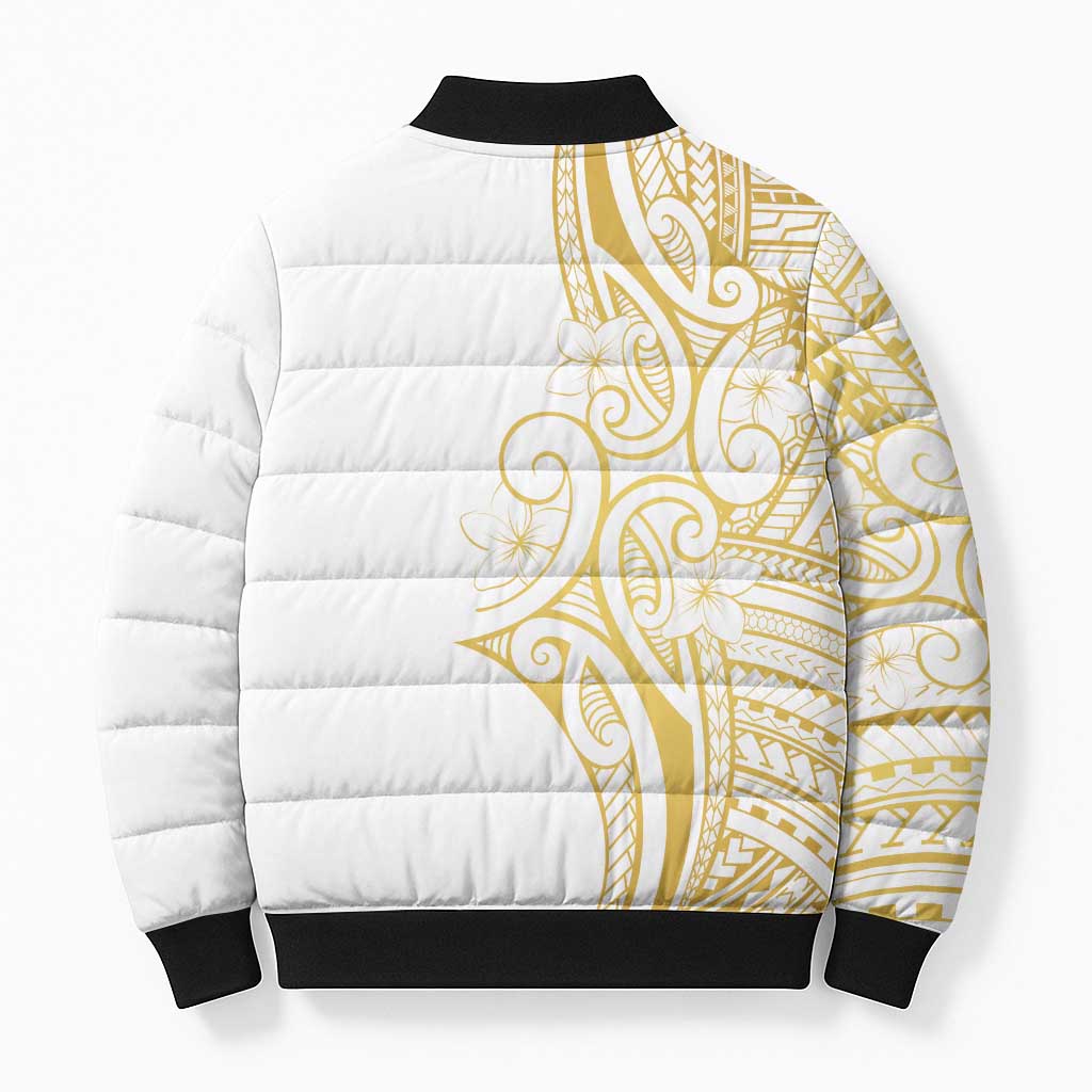 Polynesia White Sunday Bomber Puffer Jacket Plumeria Polynesian Tribal Gold Color LT14 - Polynesian Pride