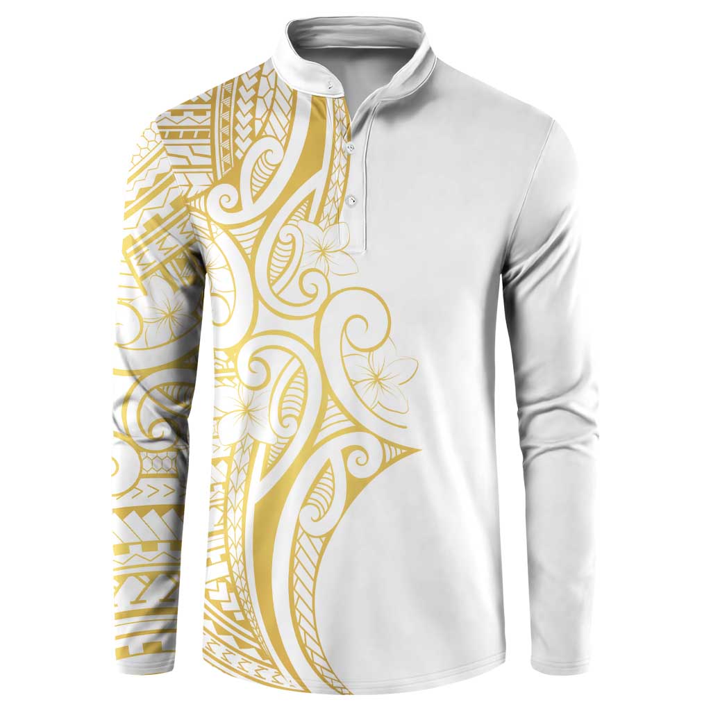 Polynesia White Sunday Button Sweatshirt Plumeria Polynesian Tribal Gold Color LT14 White - Polynesian Pride