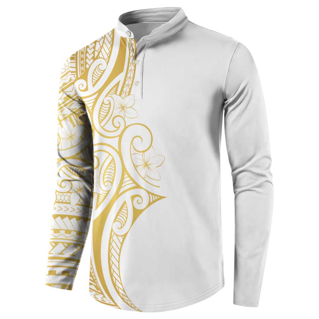 Polynesia White Sunday Button Sweatshirt Plumeria Polynesian Tribal Gold Color LT14 - Polynesian Pride