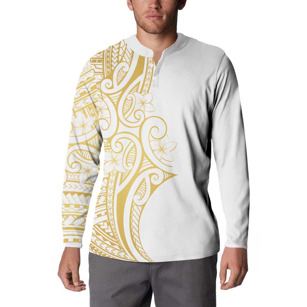 Polynesia White Sunday Button Sweatshirt Plumeria Polynesian Tribal Gold Color LT14 - Polynesian Pride