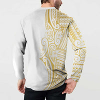 Polynesia White Sunday Button Sweatshirt Plumeria Polynesian Tribal Gold Color LT14 - Polynesian Pride