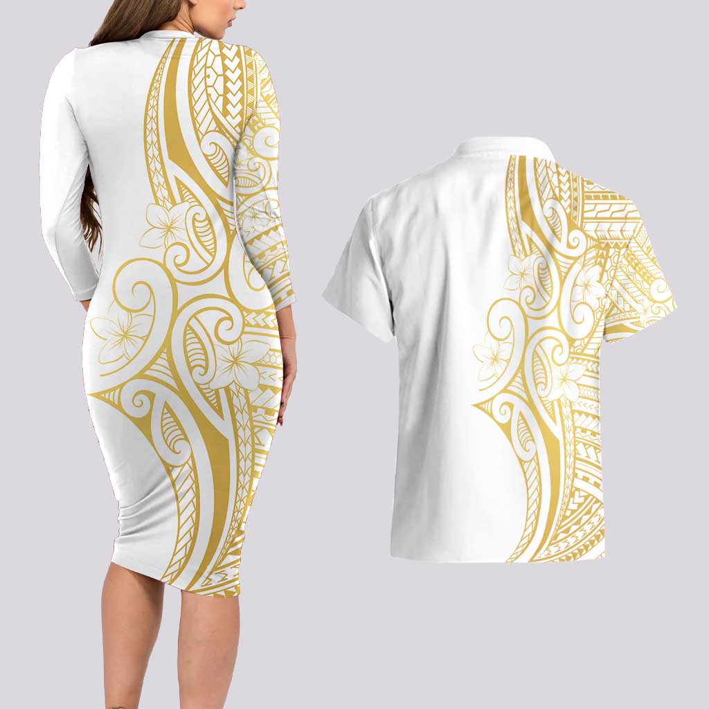 Polynesia White Sunday Couples Matching Long Sleeve Bodycon Dress and Hawaiian Shirt Plumeria Polynesian Tribal Gold Color - Polynesian Pride