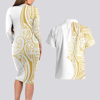 Polynesia White Sunday Couples Matching Long Sleeve Bodycon Dress and Hawaiian Shirt Plumeria Polynesian Tribal Gold Color - Polynesian Pride