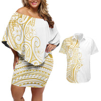 Polynesia White Sunday Couples Matching Off Shoulder Short Dress and Hawaiian Shirt Plumeria Polynesian Tribal Gold Color - Polynesian Pride