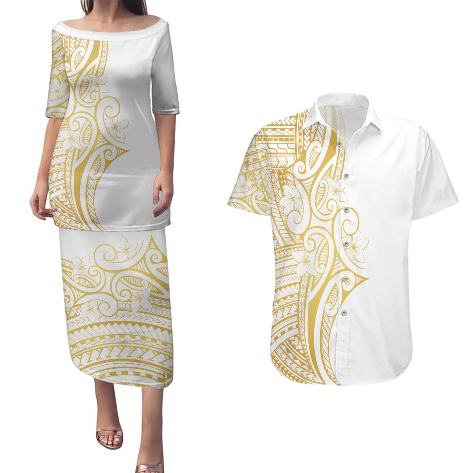 Polynesia White Sunday Couples Matching Puletasi and Hawaiian Shirt Plumeria Polynesian Tribal Gold Color LT14 White - Polynesian Pride