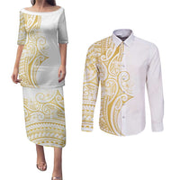Polynesia White Sunday Couples Matching Puletasi and Long Sleeve Button Shirt Plumeria Polynesian Tribal Gold Color LT14 White - Polynesian Pride
