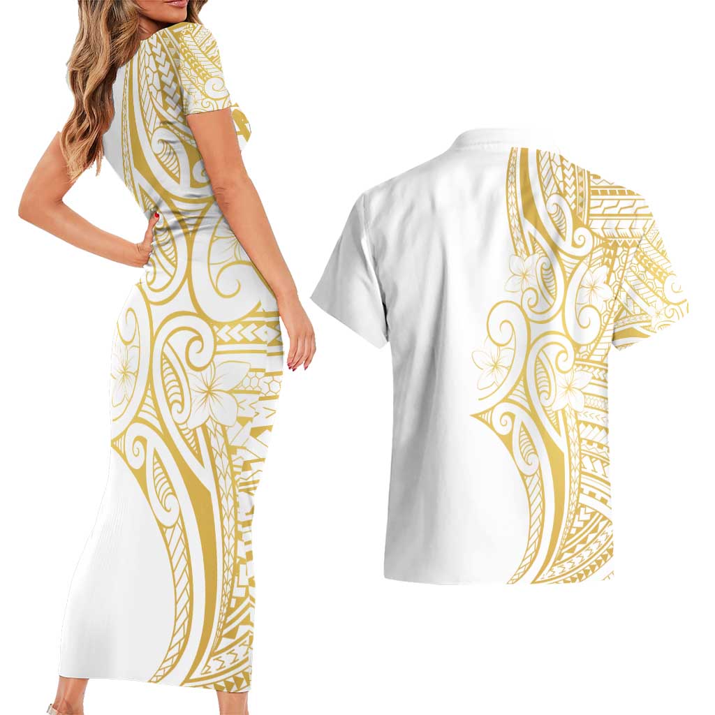 Polynesia White Sunday Couples Matching Short Sleeve Bodycon Dress and Hawaiian Shirt Plumeria Polynesian Tribal Gold Color - Polynesian Pride