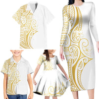Polynesia White Sunday Family Matching Long Sleeve Bodycon Dress and Hawaiian Shirt Plumeria Polynesian Tribal Gold Color - Polynesian Pride