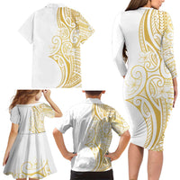 Polynesia White Sunday Family Matching Long Sleeve Bodycon Dress and Hawaiian Shirt Plumeria Polynesian Tribal Gold Color - Polynesian Pride