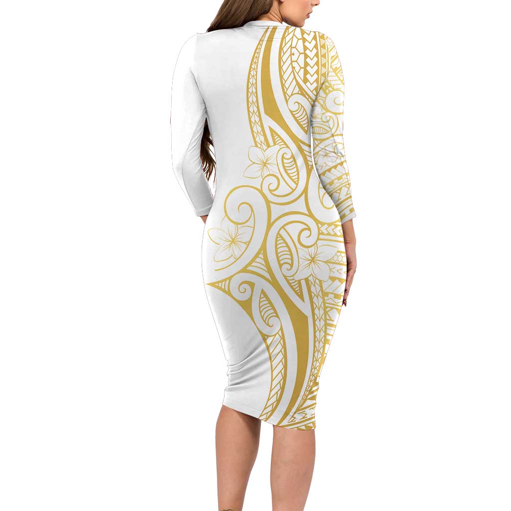 Polynesia White Sunday Family Matching Long Sleeve Bodycon Dress and Hawaiian Shirt Plumeria Polynesian Tribal Gold Color - Polynesian Pride