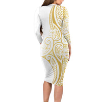 Polynesia White Sunday Family Matching Long Sleeve Bodycon Dress and Hawaiian Shirt Plumeria Polynesian Tribal Gold Color - Polynesian Pride