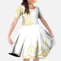 Polynesia White Sunday Family Matching Off The Shoulder Long Sleeve Dress and Hawaiian Shirt Plumeria Polynesian Tribal Gold Color - Polynesian Pride