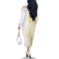 Polynesia White Sunday Family Matching Off The Shoulder Long Sleeve Dress and Hawaiian Shirt Plumeria Polynesian Tribal Gold Color - Polynesian Pride
