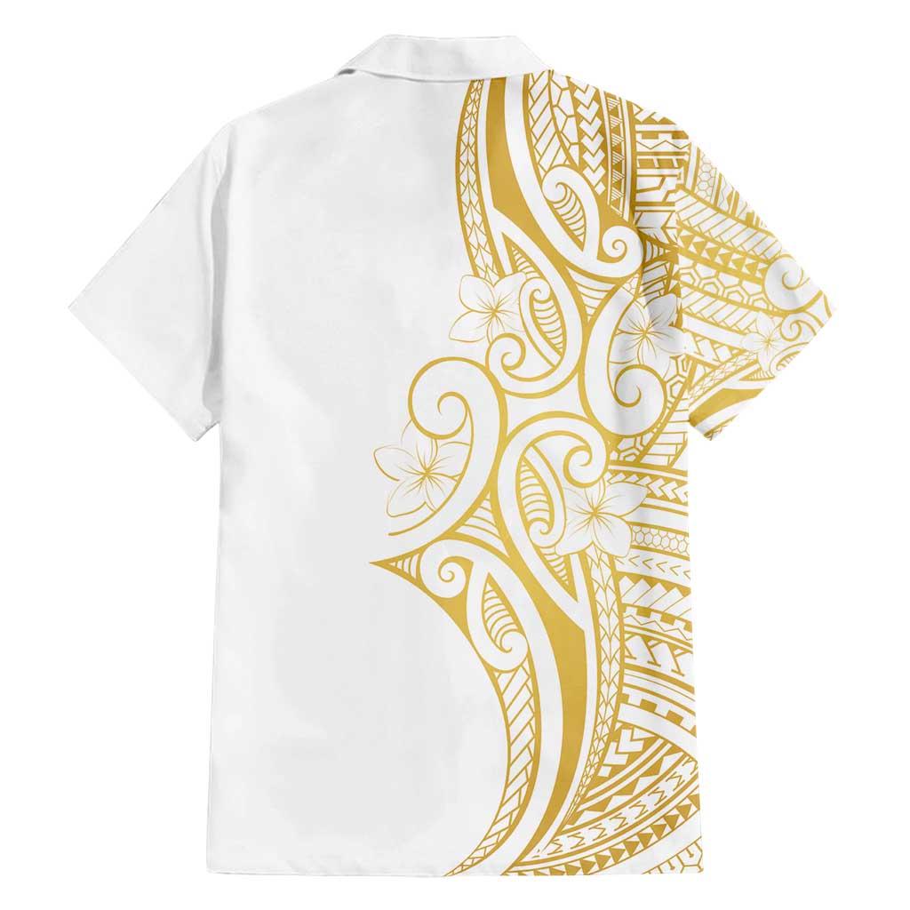 Polynesia White Sunday Family Matching Off Shoulder Maxi Dress and Hawaiian Shirt Plumeria Polynesian Tribal Gold Color - Polynesian Pride