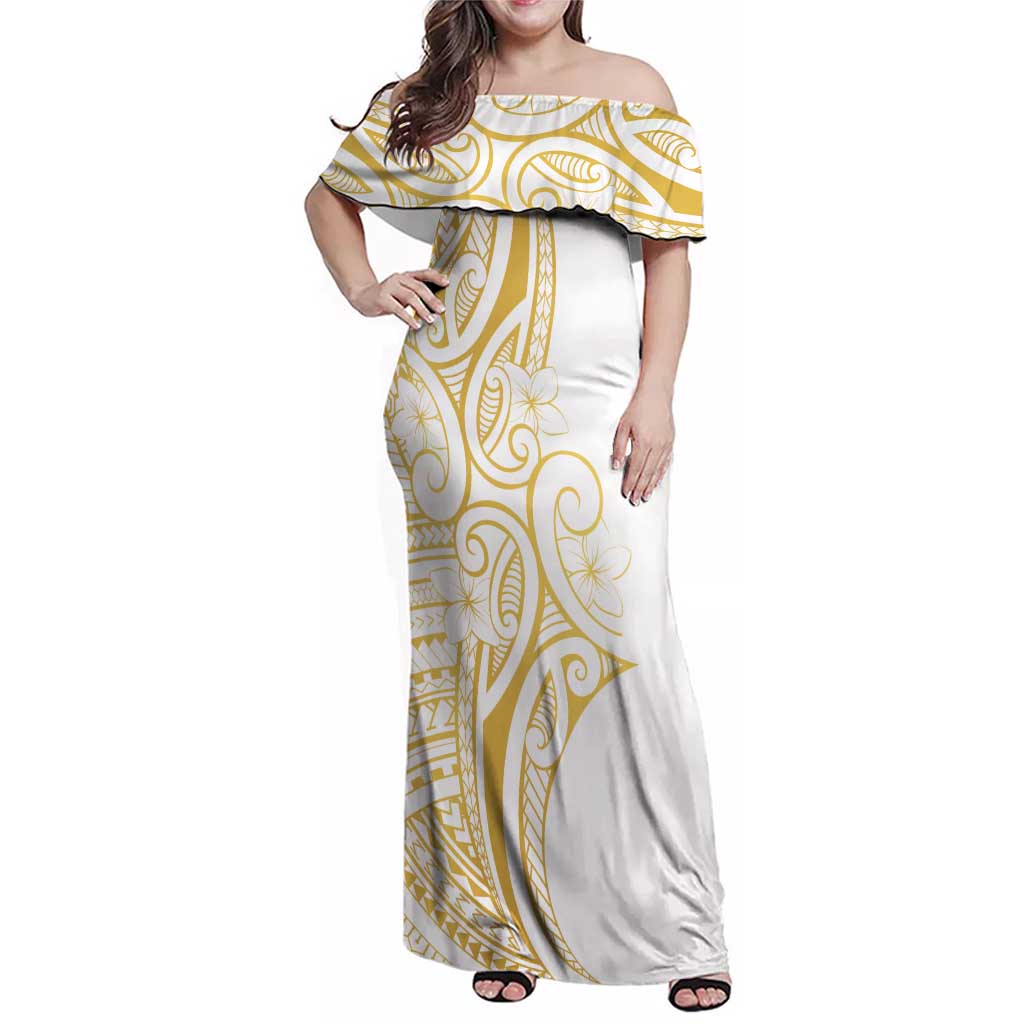 Polynesia White Sunday Family Matching Off Shoulder Maxi Dress and Hawaiian Shirt Plumeria Polynesian Tribal Gold Color - Polynesian Pride