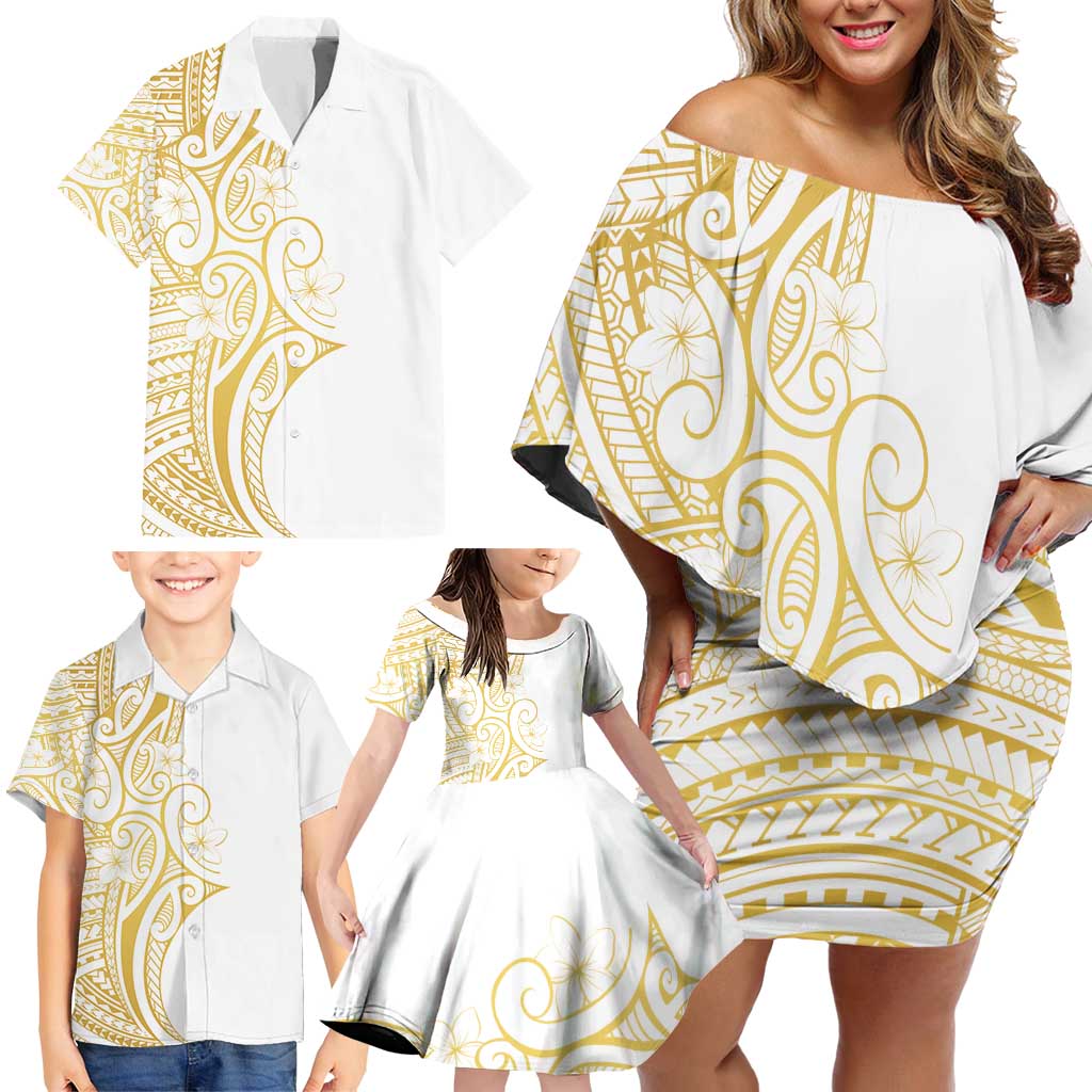 Polynesia White Sunday Family Matching Off Shoulder Short Dress and Hawaiian Shirt Plumeria Polynesian Tribal Gold Color - Polynesian Pride
