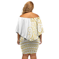 Polynesia White Sunday Family Matching Off Shoulder Short Dress and Hawaiian Shirt Plumeria Polynesian Tribal Gold Color - Polynesian Pride